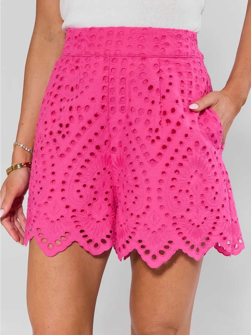Hot Pink Eyelet Scallop Hem Mara High Waist Shorts, Sz XL
